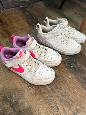 💗🤍 2 pairs! Nike Kids White Sneakers with Hot Pink Swoosh, size 1